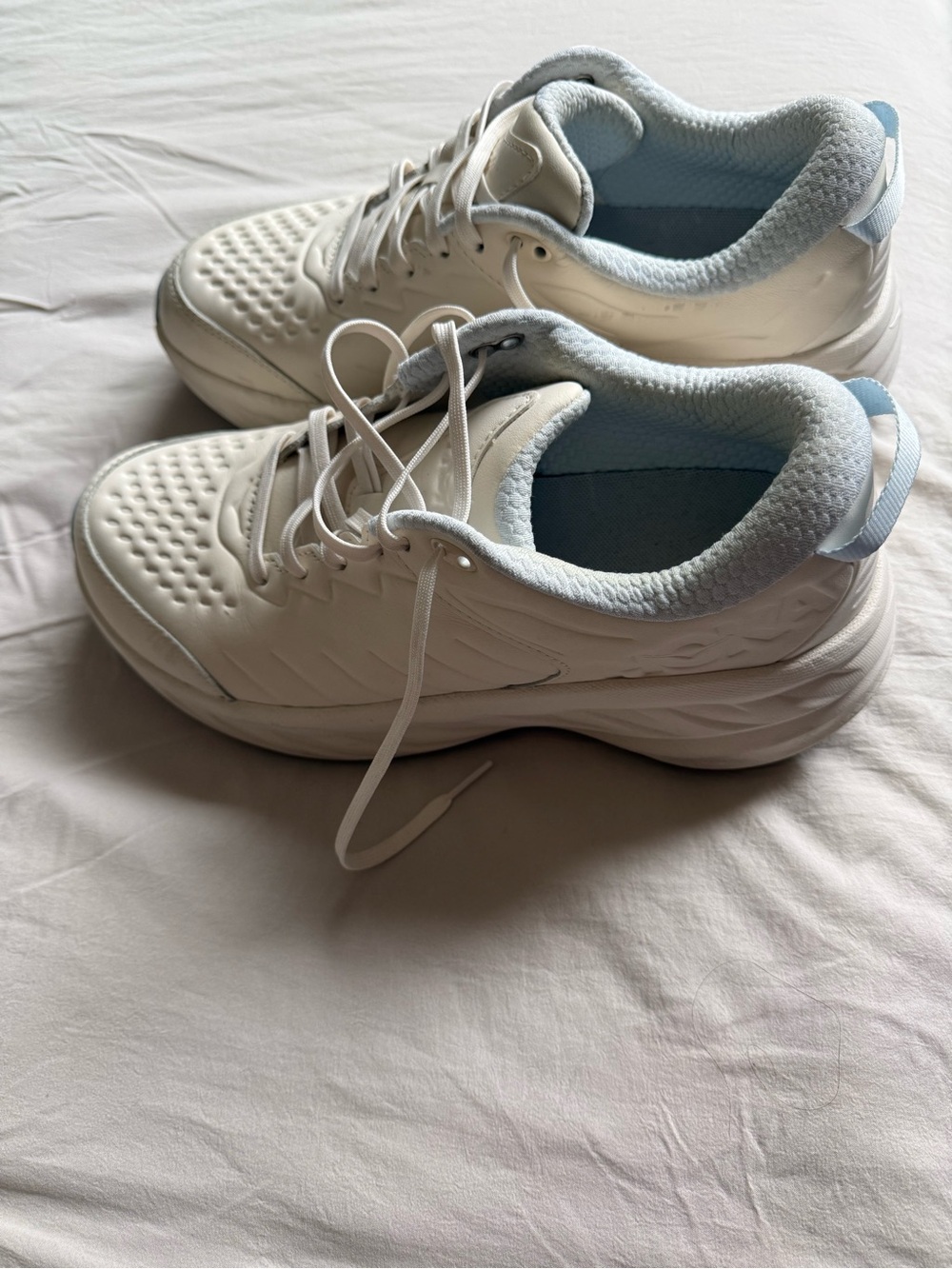 Hoka Chunky Platform Running Shoes in Off-White with Light Blue Soles - Picture 4 of 5